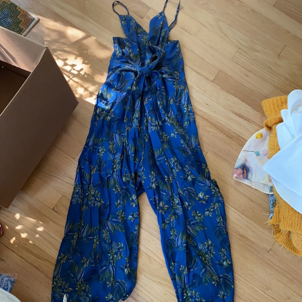 free people blue with yellow pattern jumpsuit